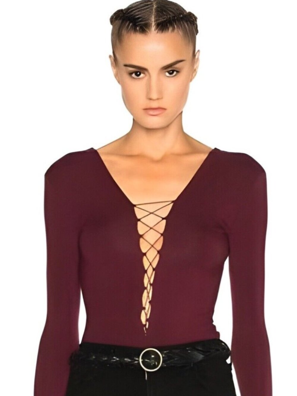 T by Alexander Wang  Lace Up Stretch Bodysuit in Burgundy